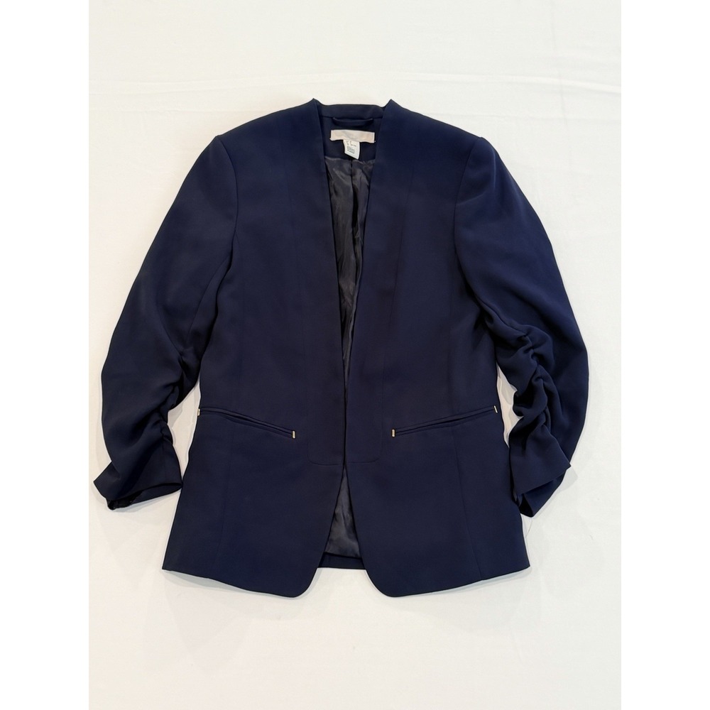 H&M Navy Open Front Blazer with Ruched 3/4 Sleeves SIZE 2 Elegant Casual Busines